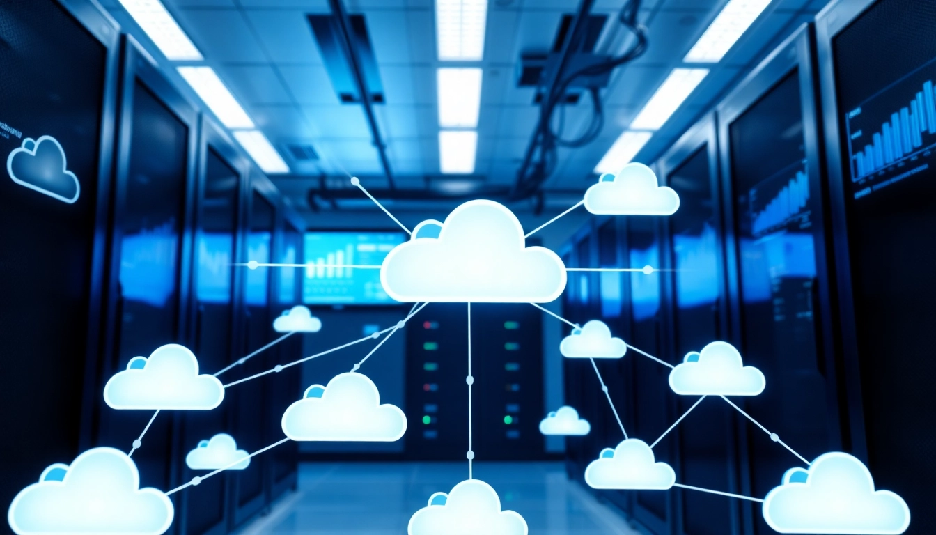 Showcasing Hybrid Cloud Solutions with interconnected servers in a modern data center.