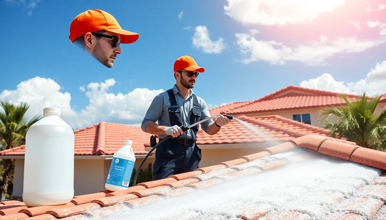 Roof cleaning service utilizing soft wash technique on a sunny day.