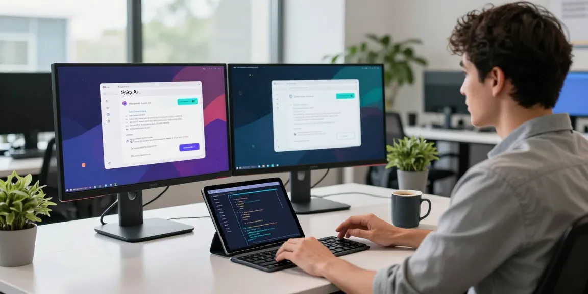 Engaging workspace with a developer using Spicy AI chatbot on multiple monitors, showcasing a modern tech atmosphere.