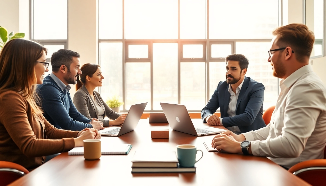 Engaged clients in a business coaching near me session in a modern office.