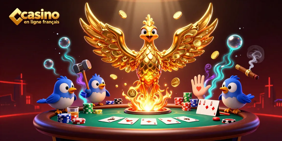 Ce casino en ligne français illustre un phénix doré spectaculaire en pleine transformation avec des éléments de poker.