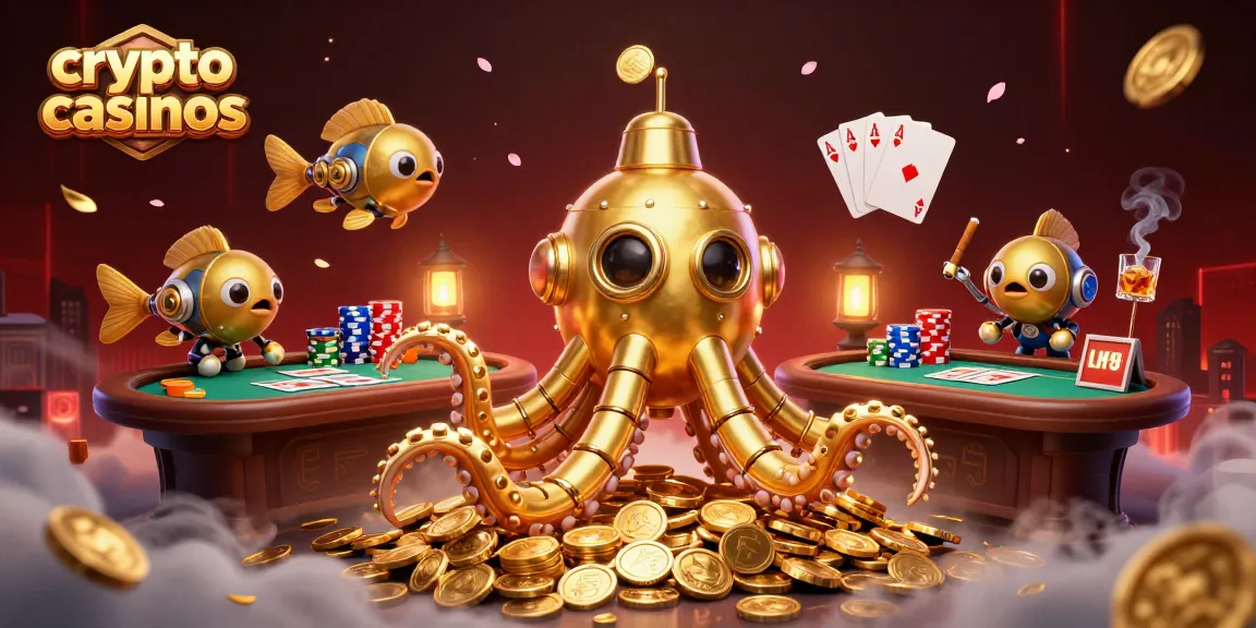 Jouez à des crypto casinos avec un kraken en or et une mer de pièces lumineuses.