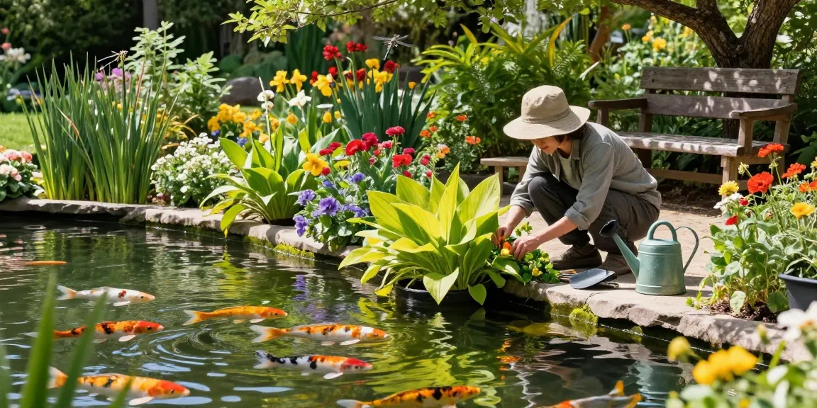 Buy Pond Plants Online while enjoying a serene garden scene with vibrant plants and koi fish.
