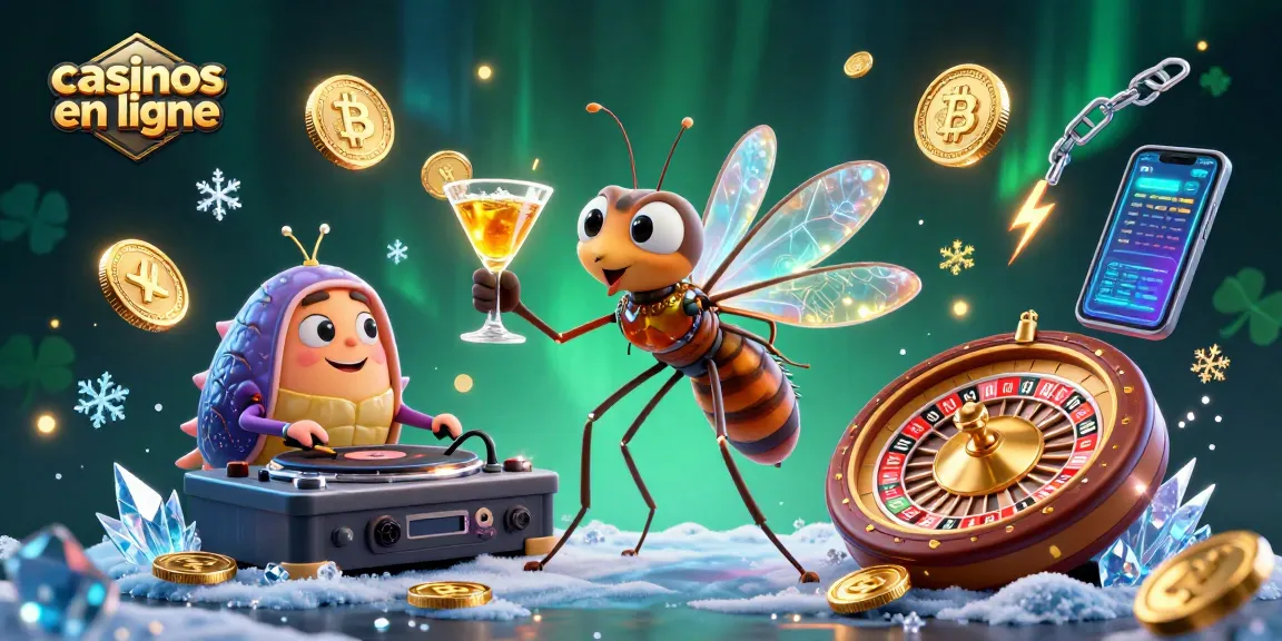 Jouez dans les casinos en ligne avec ce personnage de mouche vivant, ambiance festive et éléments numériques.