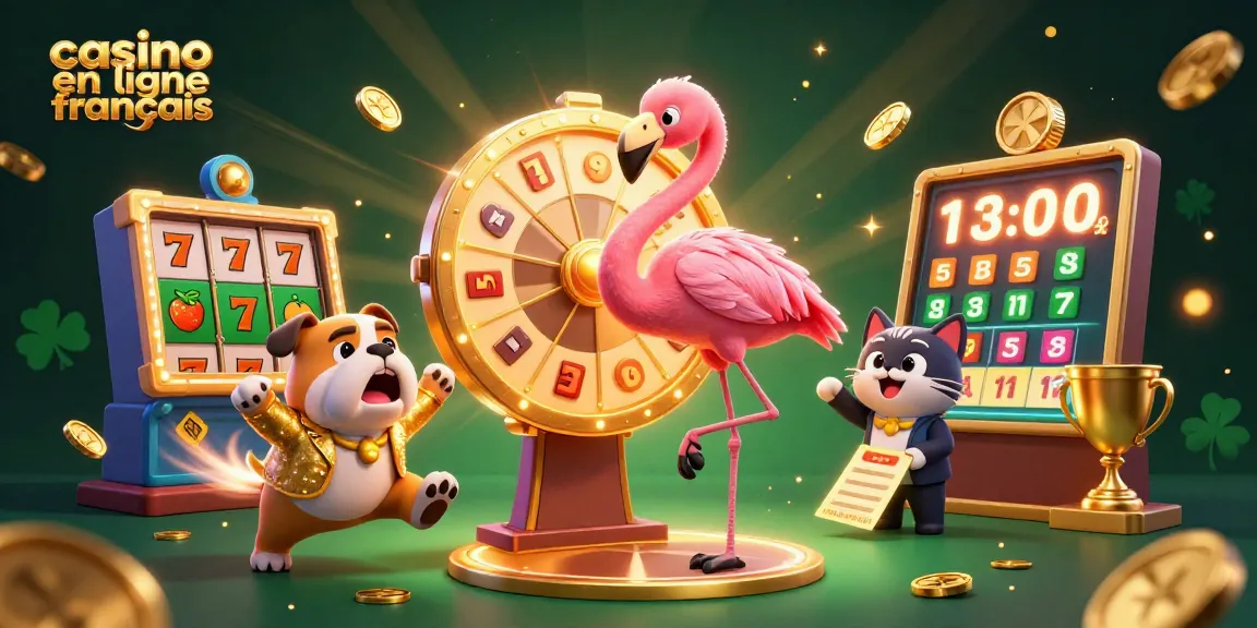 Illustration dynamique d'un flamant rose animant un casino en ligne français avec une roue de prix dorée et des jackpots.