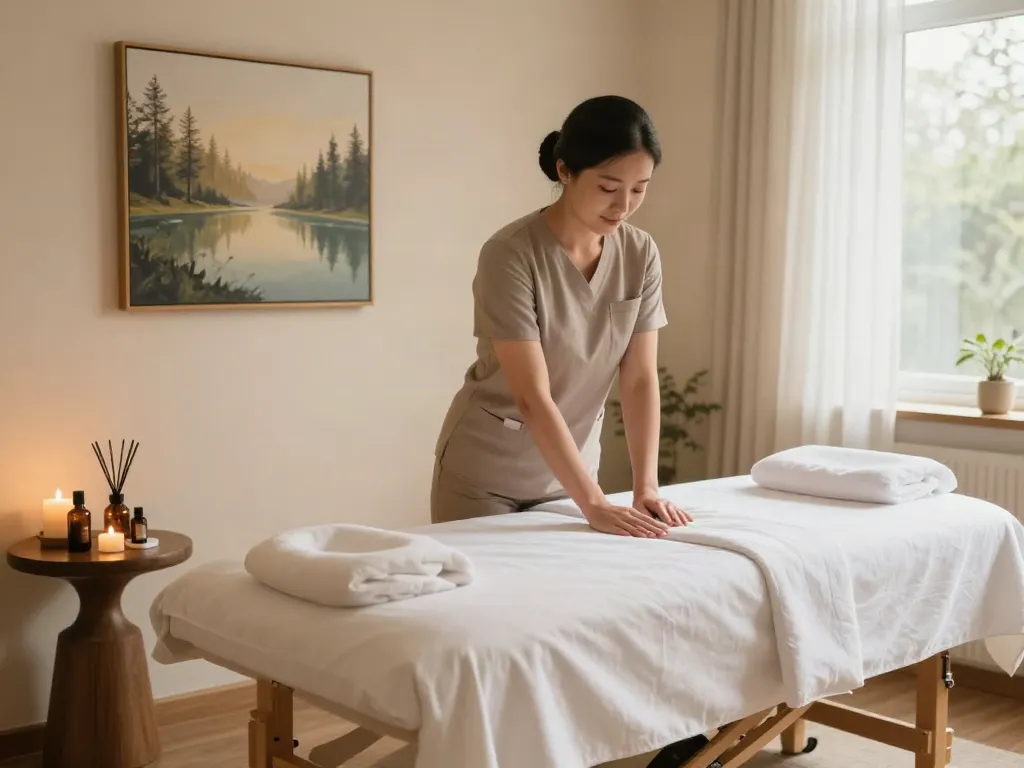 신도림출장마사지 serene massage therapy room with soft lighting and essential oils.