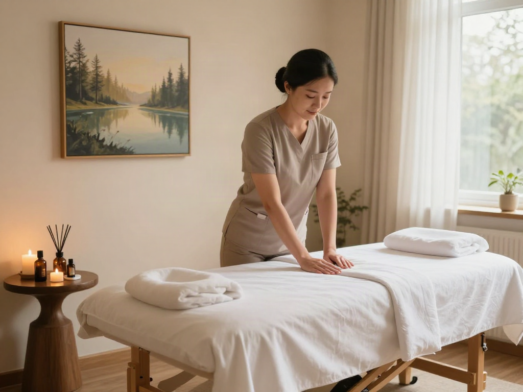신도림출장마사지 serene massage therapy room with soft lighting and essential oils.
