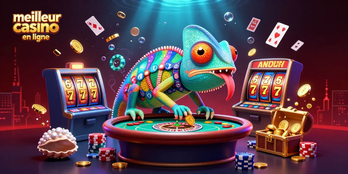 Illustration d'un chameleon casino aux couleurs des jetons de poker, dans un meilleur casino en ligne, entouré de jeux.