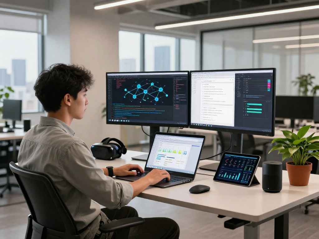 Crush on AI workspace with a developer coding algorithms on dual monitors in a vibrant tech office