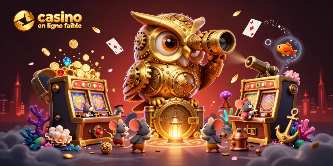 Jouez sur un casino en ligne fiable avec une illustration de machines à sous et un hibou doré stratégique.