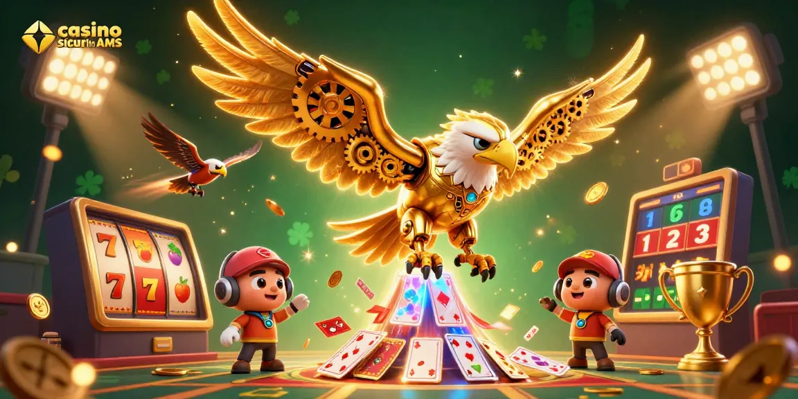 Gioca nei casino sicuri non AAMS con un'aquila dorata in un mondo di giochi e premi scintillanti.