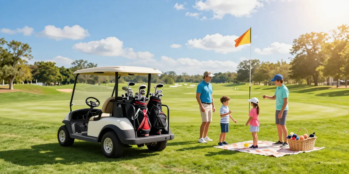Family unloading golf clubs from a golf cart trailer at a sunny golf course.