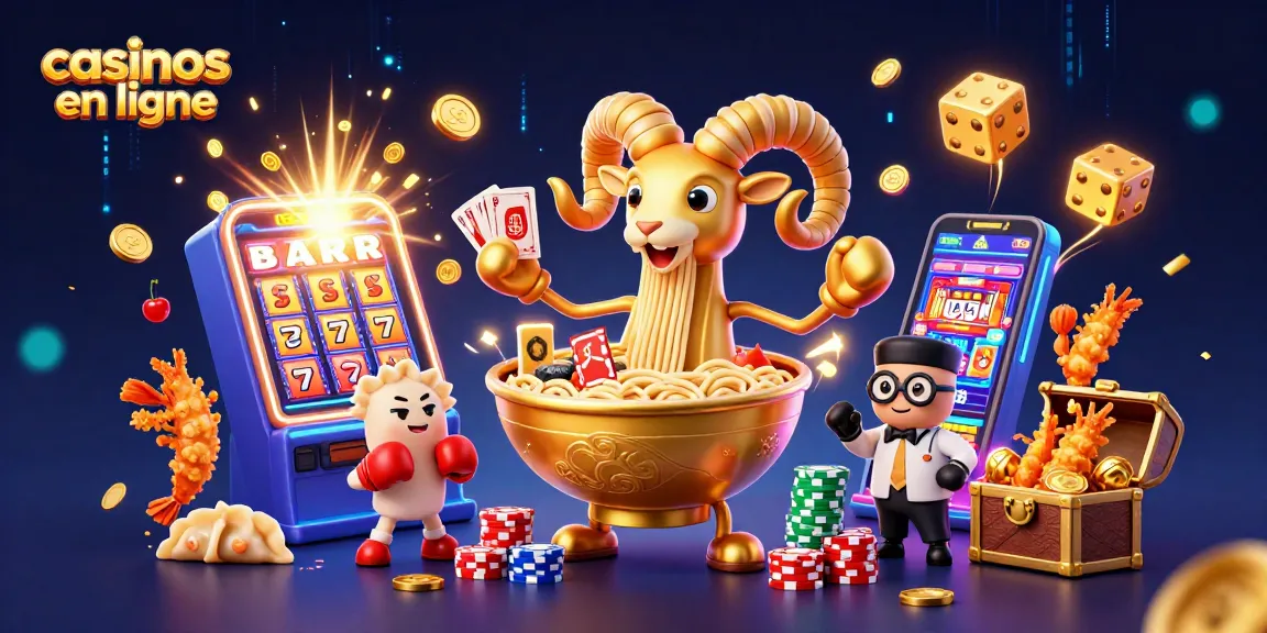Illustration dynamique de casinos en ligne avec un ramen géant et des personnages amusants.