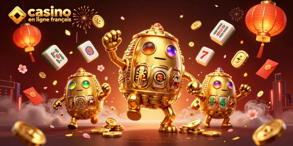 Plongez dans le monde du casino en ligne français avec ce golem en or, entouré de jeux et de lumière.