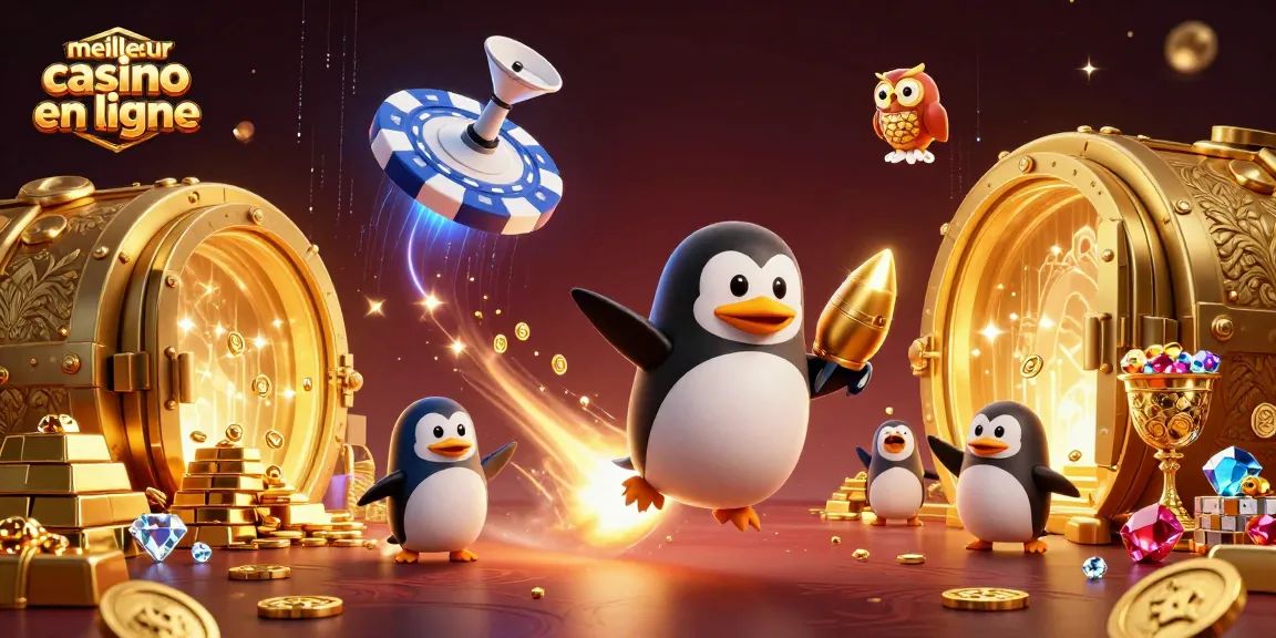 Célébrez le meilleur casino en ligne avec un pingouin doré en plein vol, rempli de trésors scintillants.
