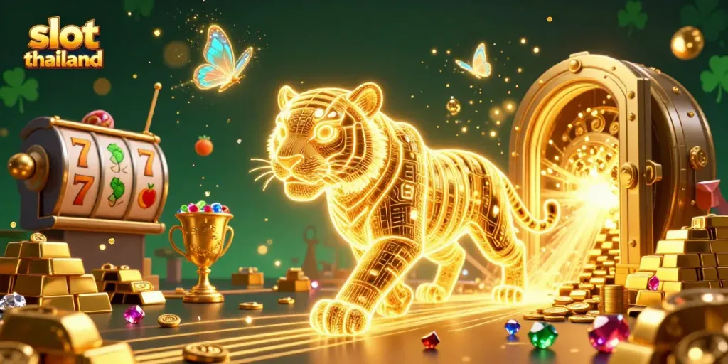 Experience thrilling wins with slot thailand in this vibrant casino landscape illustration.