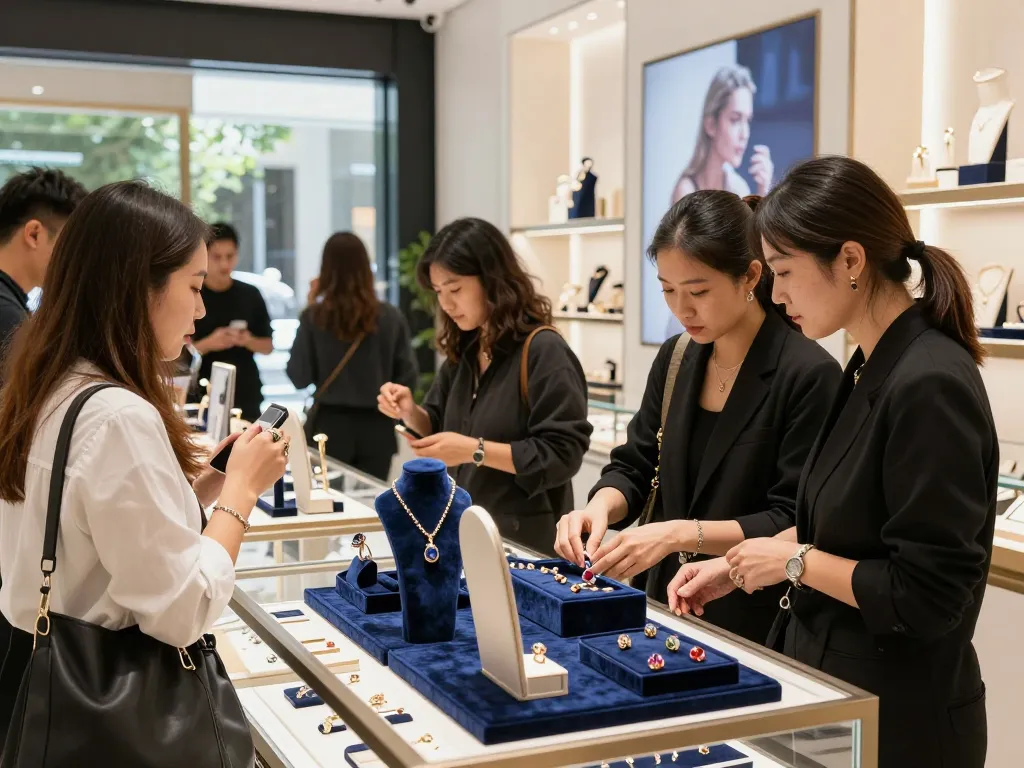Engaging e-commerce shopping scene showcasing customers eager to click this for stunning jewelry.