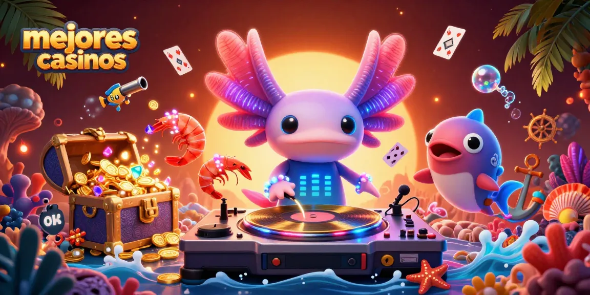 Juega en los mejores casinos con la alegre atmósfera de un DJ axolote en una fiesta submarina.