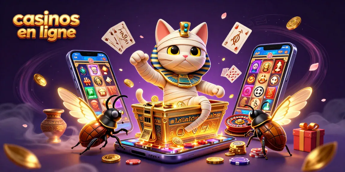 Jouer aux casinos en ligne avec un chat momie égyptien et des éléments de jeu dans une scène colorée.