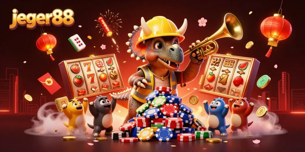Permainan slot mengasyikkan di jeger88 dengan karakter kartun dan suasana kasino yang meriah.