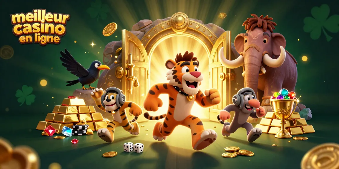 Découvrez le meilleur casino en ligne avec des personnages animés dans une scène riche de jeux et de trésors.