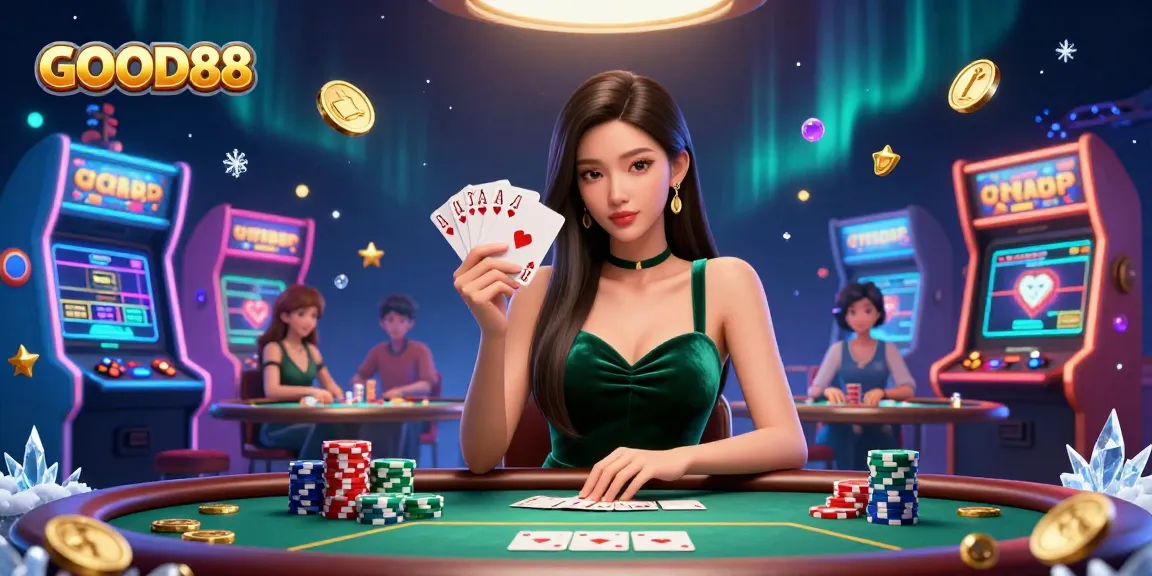Engage in immersive gameplay at GOOD88 with a stunning poker scene featuring vibrant game elements.
