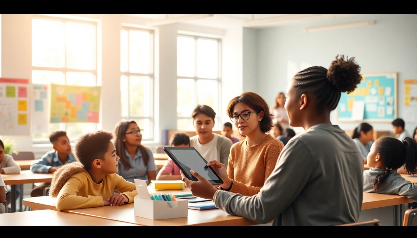 Education environment with diverse students collaborating in a modern classroom.