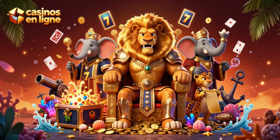 Illustration dynamique représentant des jeux de casinos en ligne avec le roi lion, l'éléphant conseiller et le guépard messager.