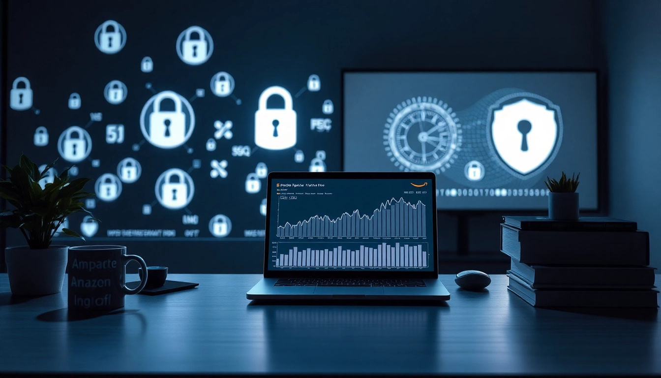 Infosec visuals with modern tech workspace featuring fluctuating price graphs and security symbols.