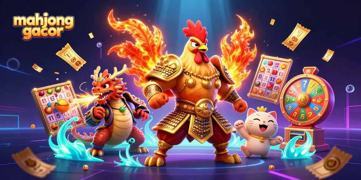Engage with mahjong gacor slots in a dynamic 3D illustration featuring vibrant game elements and characters.