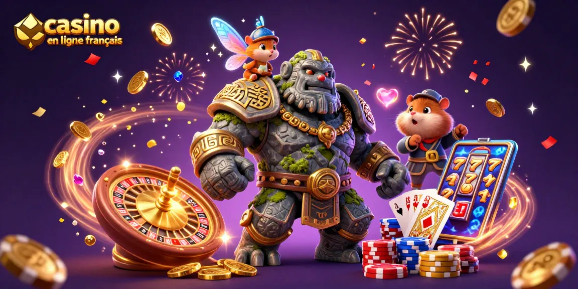 Illustration dynamique représentant un casino en ligne français avec un golem magique, une fée, et un chevalier.