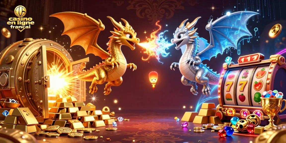 Illustration de dragons symbolisant le casino en ligne français avec des éléments de jeu riches.