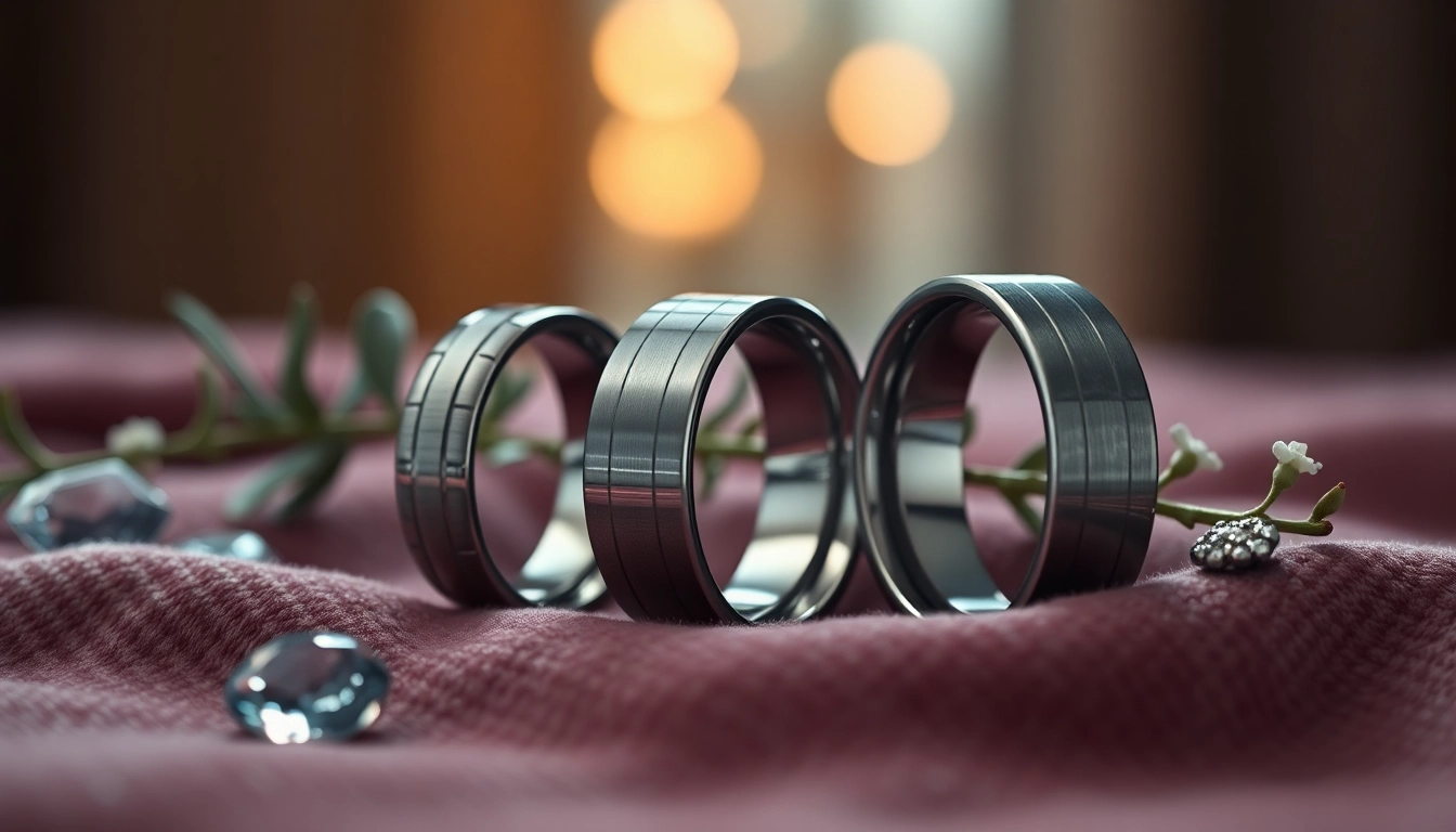Tungsten rings showcased on a velvet cloth with light reflections highlighting their sleek polish.