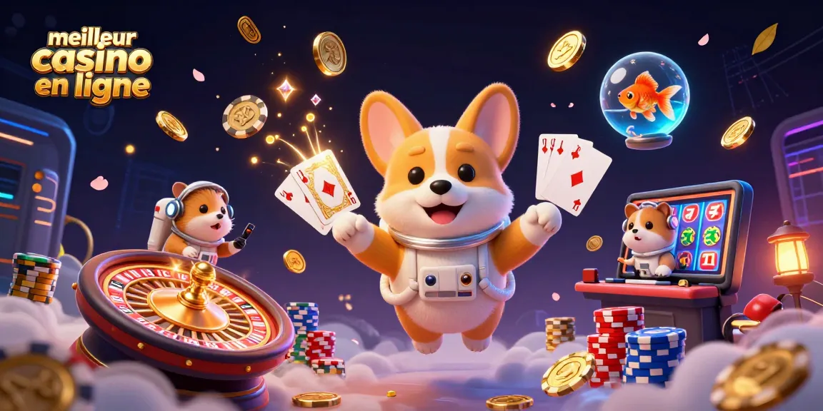 Meilleur casino en ligne avec un corgi astronaute flottant, jetons de poker et pièces d'or en mouvement.
