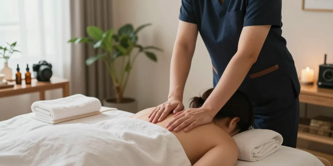 양천구출장마사지의 편안한 분위기 속에서 전문 마사지사가 고객에게 마사지를 제공하는 장면