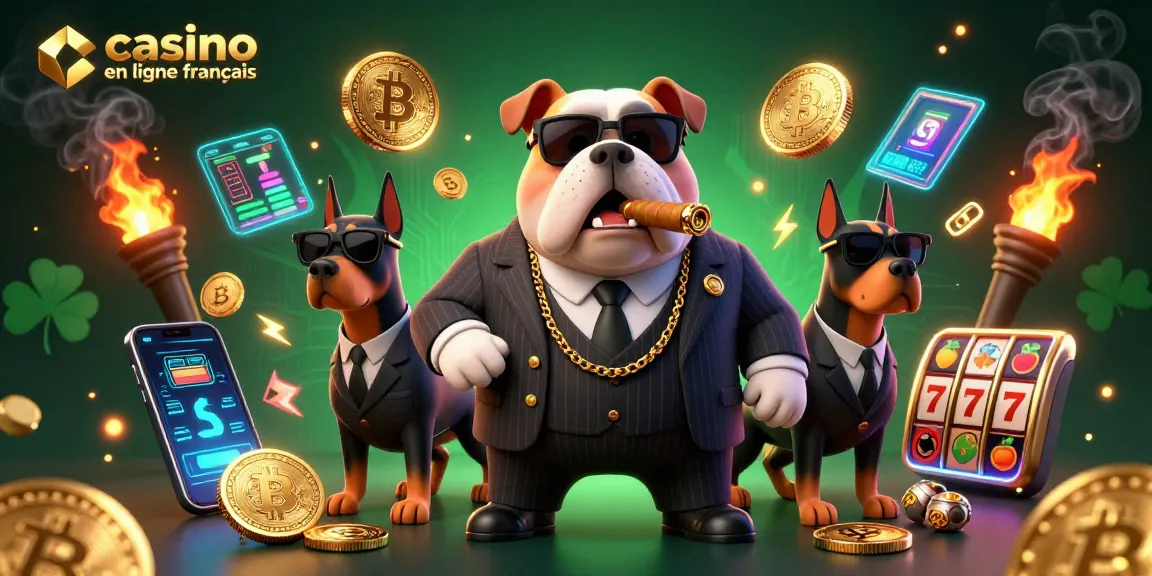 Illustration captivante de casino en ligne français avec un bulldog mafieux et des éléments de jeu.