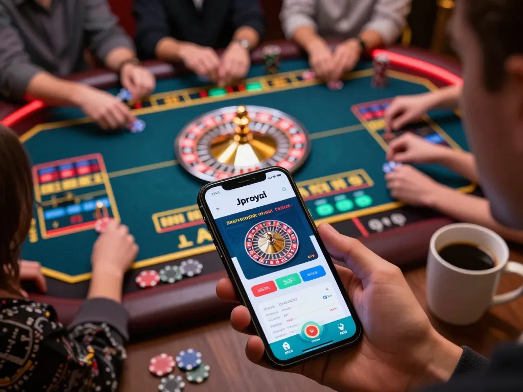 Players enjoying live roulette online with jproyal app interface displayed on smartphone, showcasing engaging gameplay.