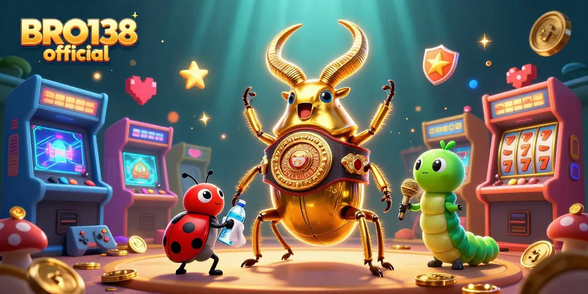 Play slots with BRO138 official featuring a dynamic scene of cartoon characters and casino elements.