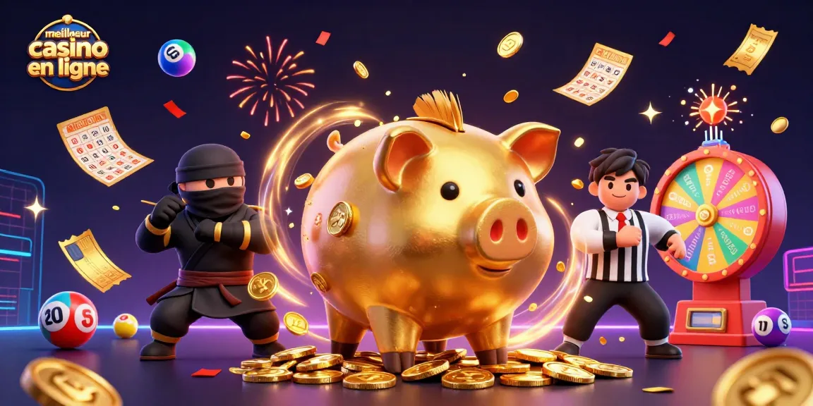 Le meilleur casino en ligne attire l'attention avec un lutteur en or, un ninja et un samouraï, tous entourés de jeux de loterie.