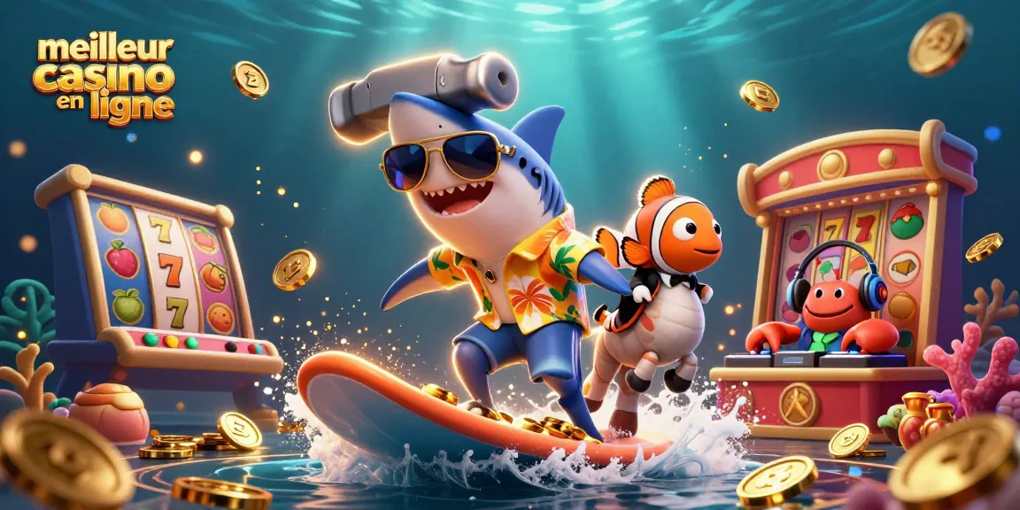 Plongez dans le meilleur casino en ligne avec un requin en maillot sur une vague de pièces d'or.