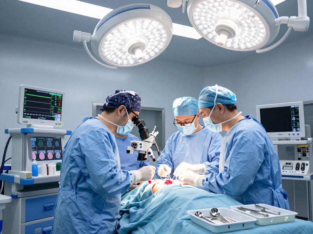 Beyin tümörü ameliyatı in a modern operating room with surgical team and advanced equipment.