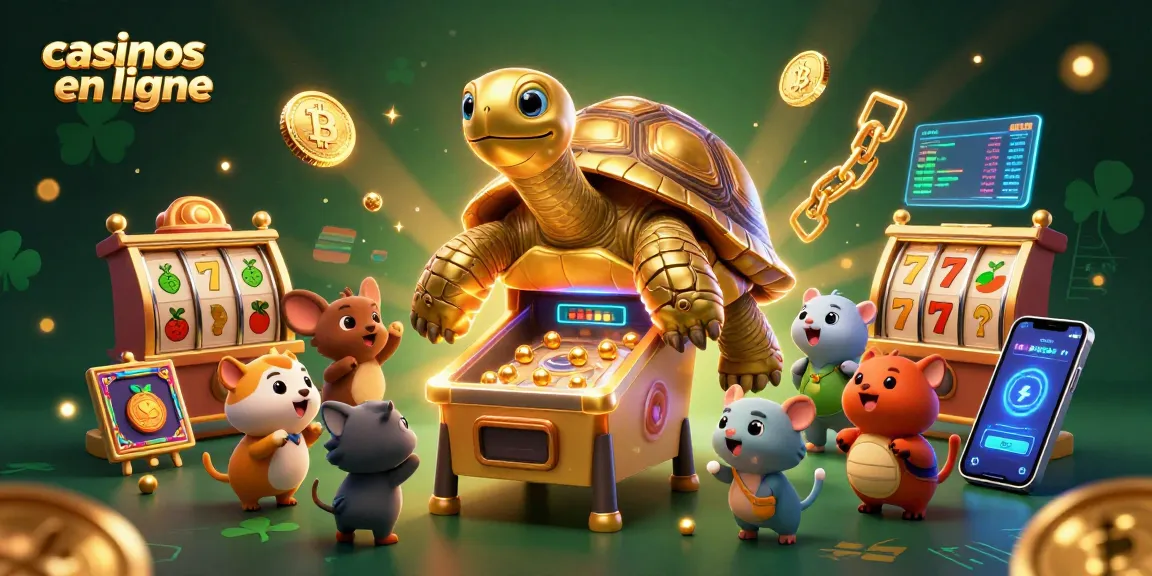 Jouez dans les casinos en ligne avec cette amusante illustration d'une tortue géante en pinball entourée d'animaux et de pièces de crypto-monnaies.