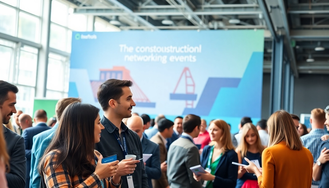Engaged attendees exchanging ideas at construction networking events, fostering collaboration.