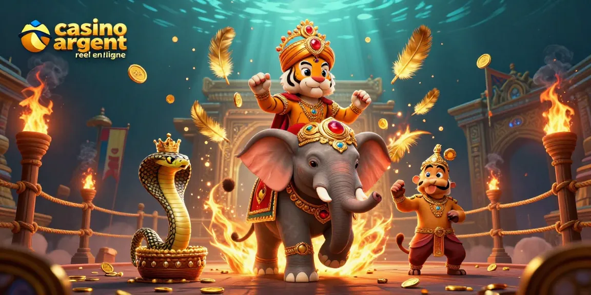 Illustration du casino argent reel en ligne avec un tigre maharaja et un éléphant joyau, entourés d'éléments de jeux.