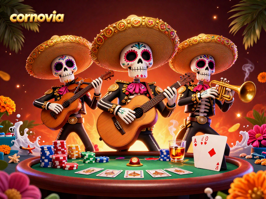 Join the thrilling action at cornovia's vibrant 3D casino scene with mariachi skeletons playing amidst poker excitement.