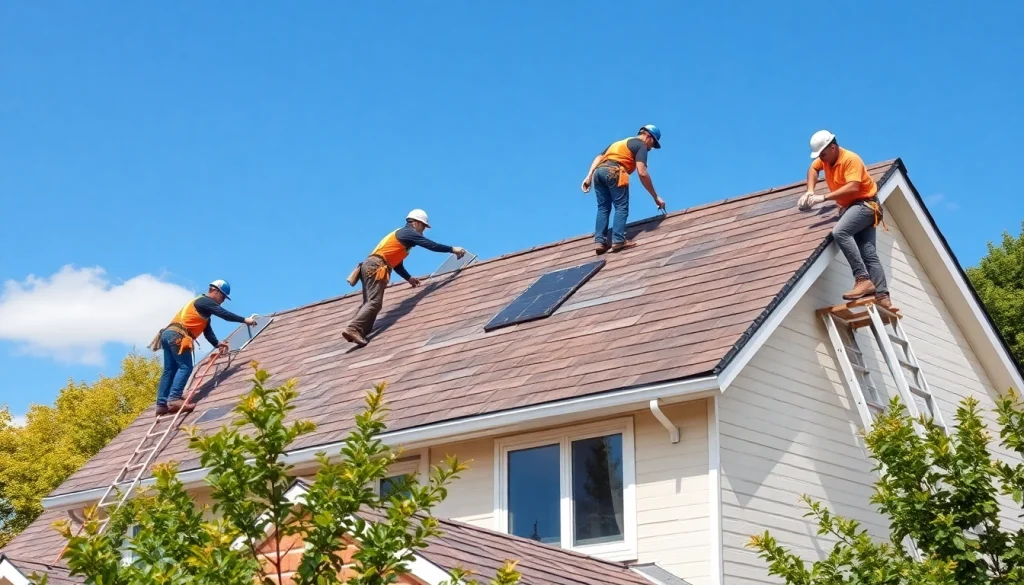 Experience professional roofing services with a skilled crew installing shingles on a residential home.