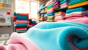 Fleece stoffen tonen in een goed verlichte naaiwerkplaats met verschillende kleuren en texturen.