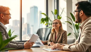 Engaged real estate clients discussing property features with a focused agent in a professional office.