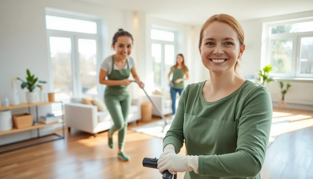 Cleaning Service team working efficiently in a bright living room, showcasing a clean environment.