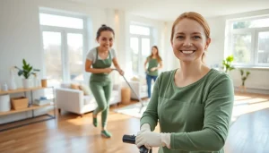 Cleaning Service team working efficiently in a bright living room, showcasing a clean environment.
